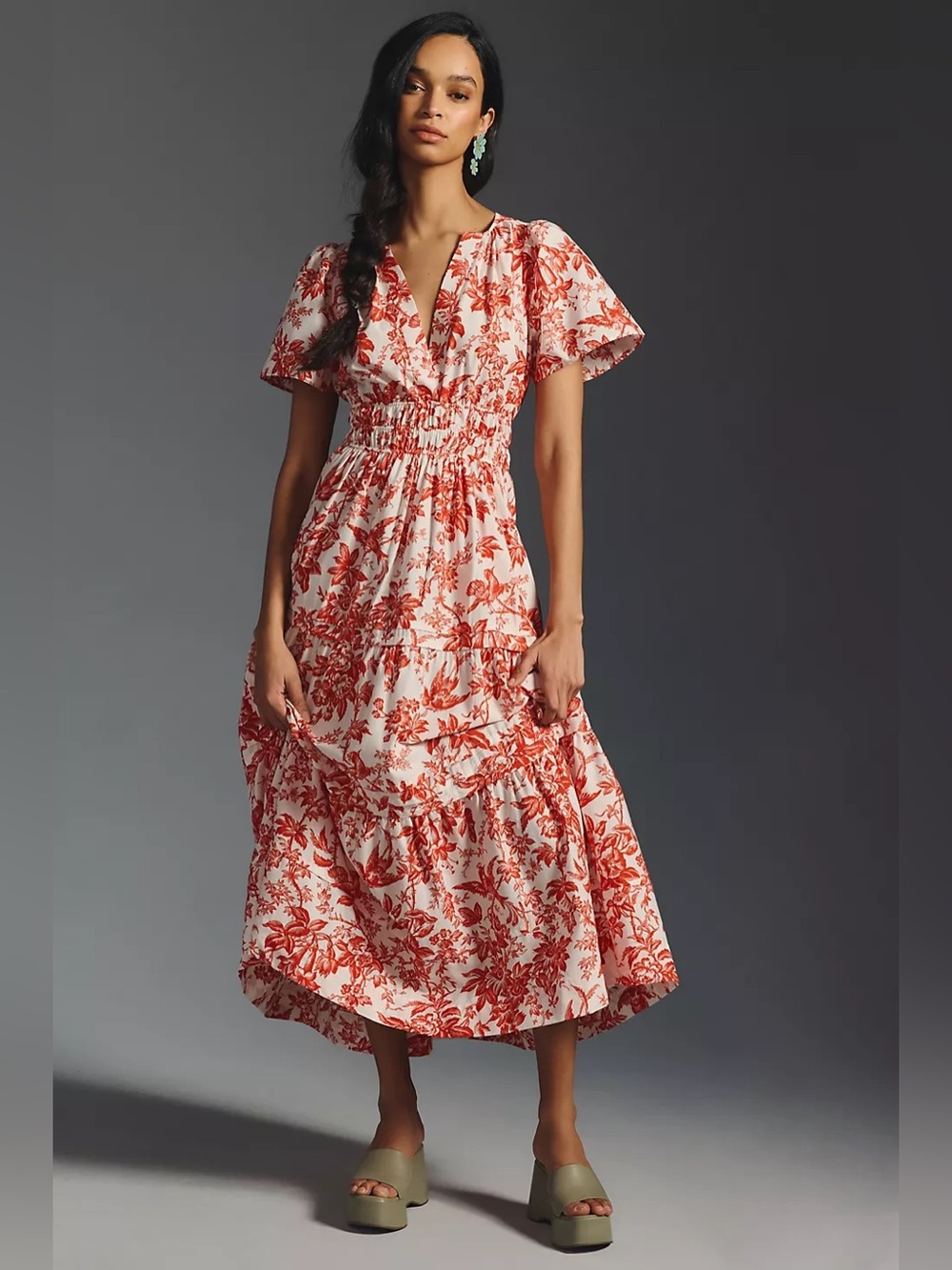 Anthropologie The Somerset Maxi Dress Red Coral Floral Toile Large EUC - Picture 3 of 13